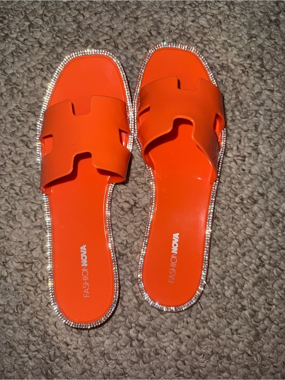 Fashion Nova Bright Orange Rhinestone-Trim Slide Mules
